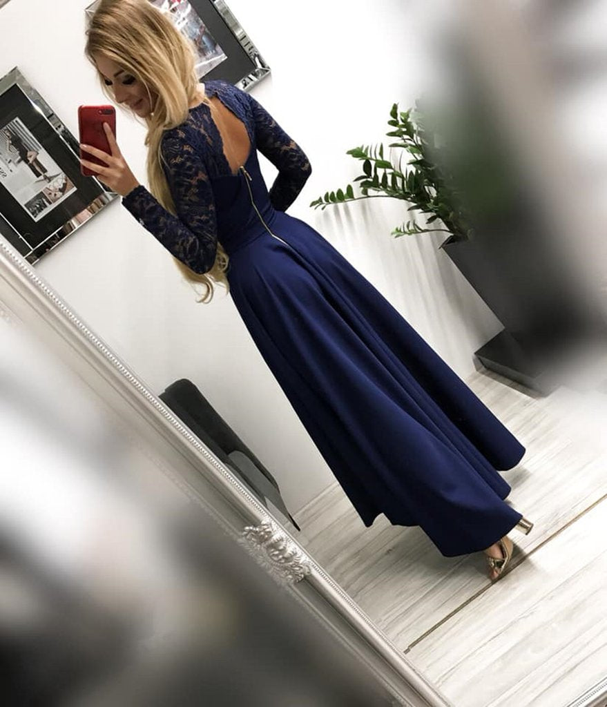 Long Sleeves High Low Burgundy/Navy Blue Lace Long Prom Dresses, Long Sleeves Lace Graduation Dresses, Formal Dresses