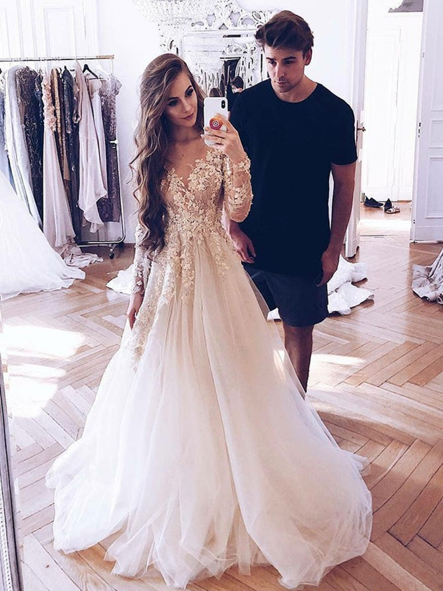 Long Sleeves Lace Appliques Light Champagne Tulle Long Prom Dresses Wedding Dresses, Champagne Lace Formal Dresses, Evening Dresses