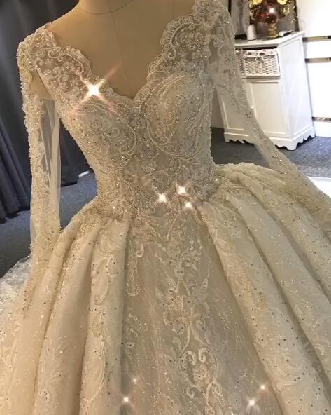 Luxurious Long Sleeve Lace Wedding Dresses | Ball Gown Lace Crystal Bridal Gowns