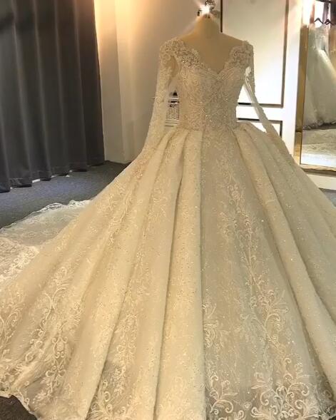 Luxurious Long Sleeve Lace Wedding Dresses | Ball Gown Lace Crystal Bridal Gowns