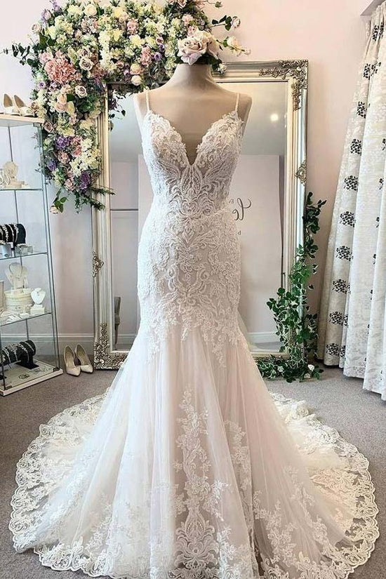 Luxurious Mermaid Spaghetti Straps Lace Wedding Dress Backless Bridal Dress