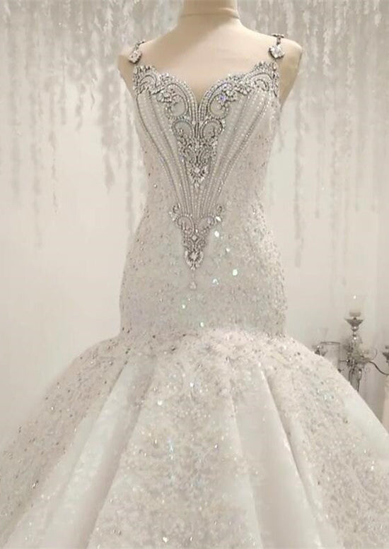Luxurious Sleeveless Appliques Wedding Dress | Mermaid Beading Crystals Bridal Gown