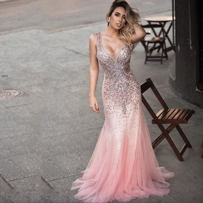 Luxurious Sleeveless Evening Dress Pink Mermaid Party Gown WIth Crystals