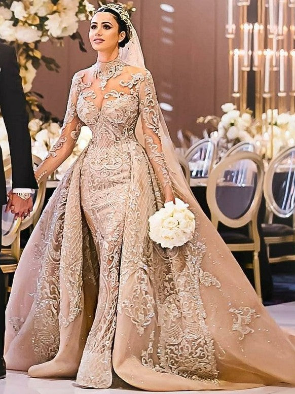 Luxury Long Sleeves Ball Gown Wedding Dresses | High Neck Over Skirt Bridal Gowns BC0918