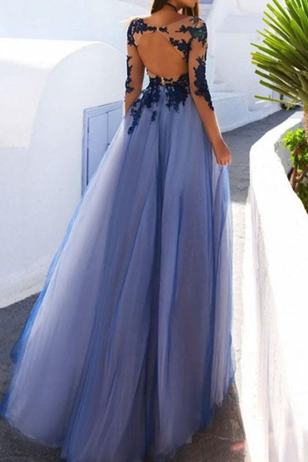 Marvelous Long Sleeve Illusion Neck Prom Dress With Appliques
