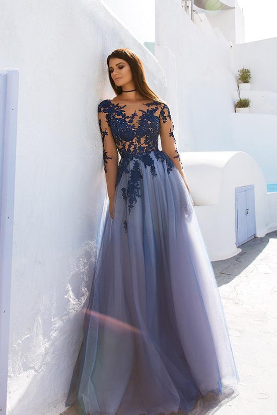 Marvelous Long Sleeve Illusion Neck Prom Dress With Appliques