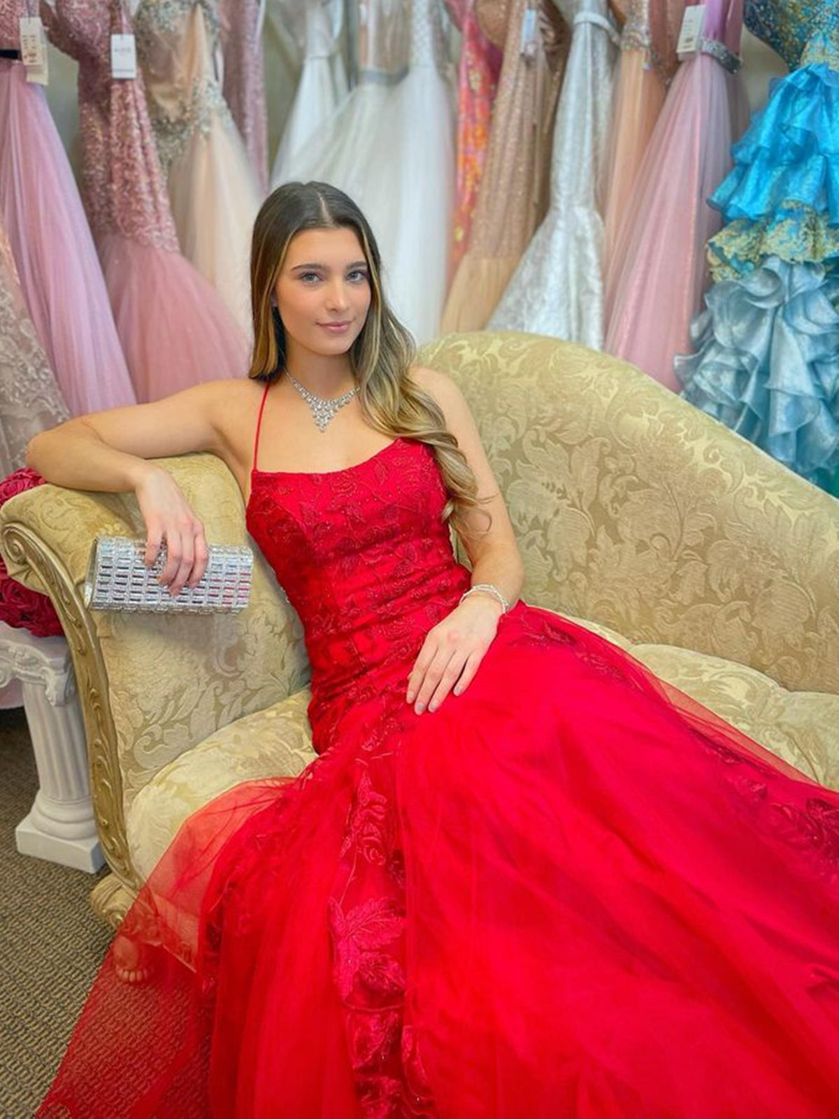 Mermaid Backless Red Lace Long Prom Dresses, Mermaid Red Formal Dresses, Red Lace Evening Dresses 