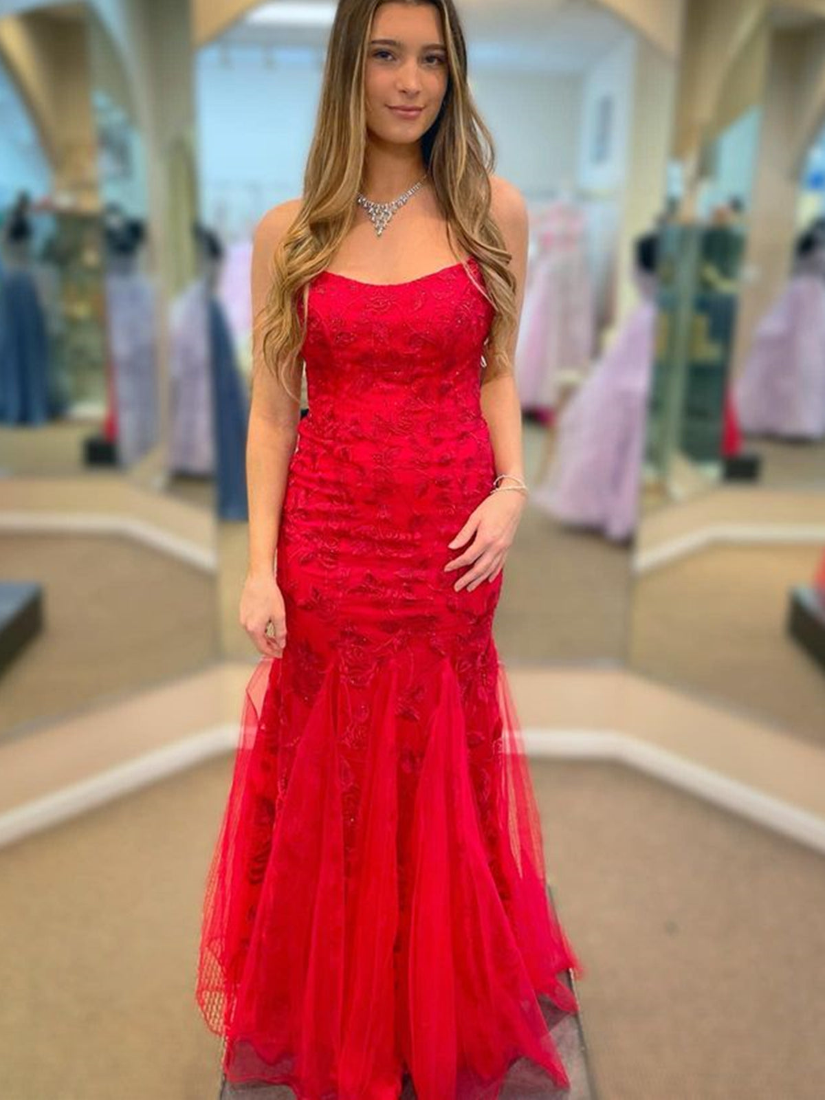 Mermaid Backless Red Lace Long Prom Dresses, Mermaid Red Formal Dresses, Red Lace Evening Dresses 