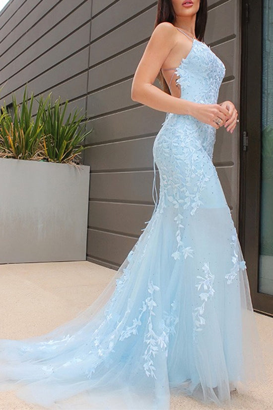 Load image into Gallery viewer, Mermaid Beaded Light Blue Lace Long Prom Dresses with Train, Light Blue Lace Formal Graduation Evening Dresses 
