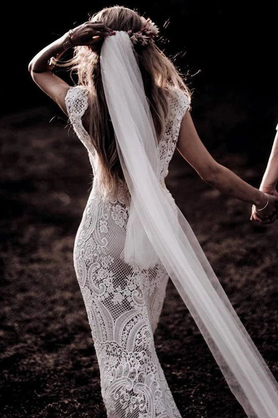 Mermaid Cap Sleeve Rustic Lace Wedding Dress Long Bridal Gown