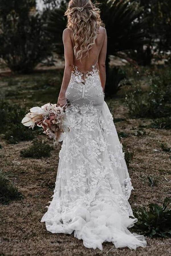 Mermaid Deep V Neck Wedding Dress Ivory Tulle Bridal Gown
