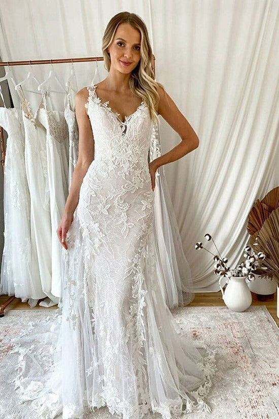 Mermaid Ivory Tulle Lace Long Wedding Dresses Long Bridal Gown