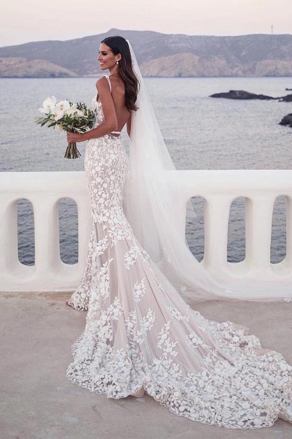 Mermaid Lace Beach Wedding Dress Beaded Bridal Gown