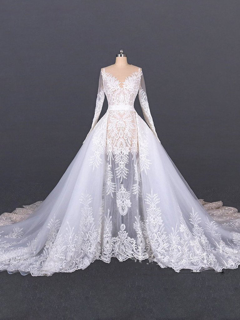 Mermaid Long Sleeve Lace Wedding Dress With Detachable Train