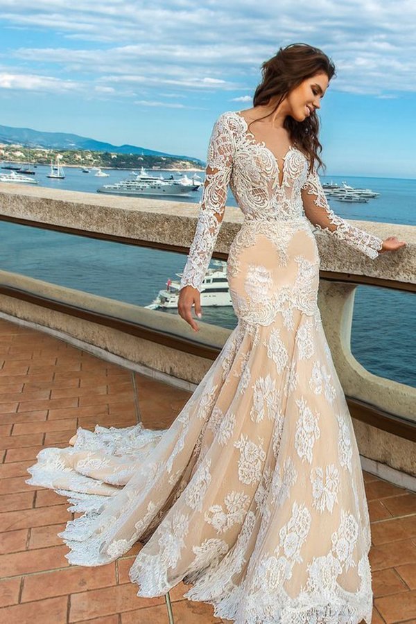 Mermaid Long Sleeve Tulle Lace Wedding Dresses