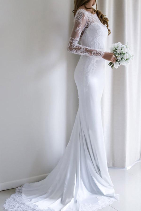 Load image into Gallery viewer, Mermaid Long Sleeve White Lace Wedding Dress Elegant Bridal Gown
