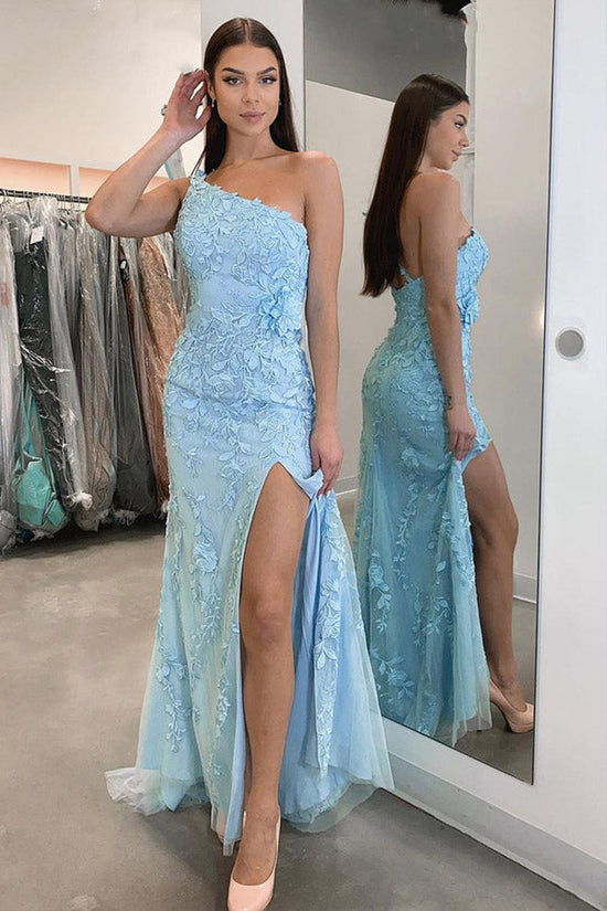 Mermaid One Shoulder Blue Tulle Lace Long Prom Dresses With Slit