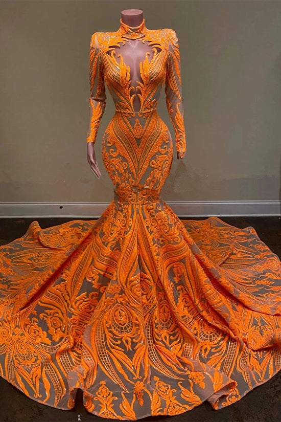Mermaid Prom Dress Orange Long Sleeves Sequins Lace