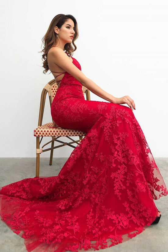 Mermaid Red Lace Prom Dress Backless Evening Dress