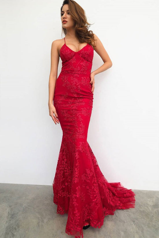 Mermaid Red Lace Prom Dress Backless Evening Dress