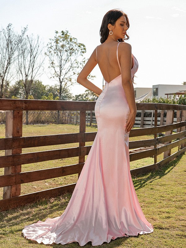 Mermaid Silk Like Satin Pink Prom Dress Split Evening Dress