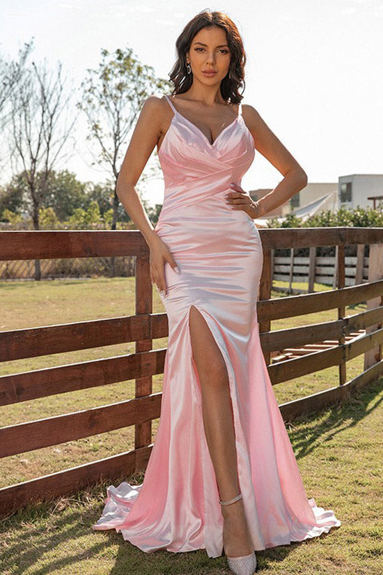 Mermaid Silk Like Satin Pink Prom Dress Split Evening Dress