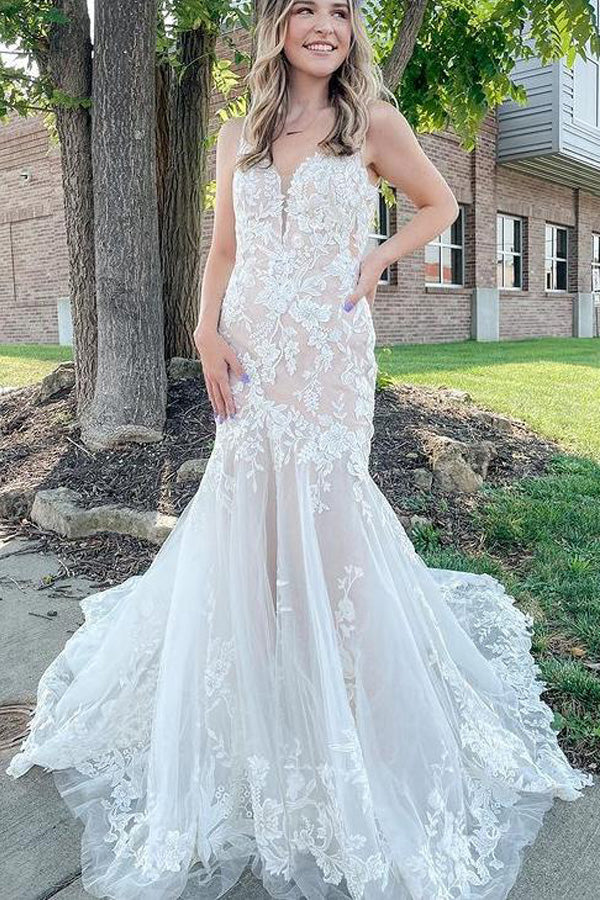 Mermaid Spaghetti Straps Lace Wedding Dress Backless Birdal Gown