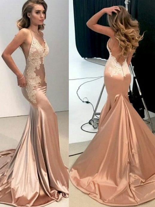Mermaid Spaghetti Straps Prom Dress Backless Evening Dress