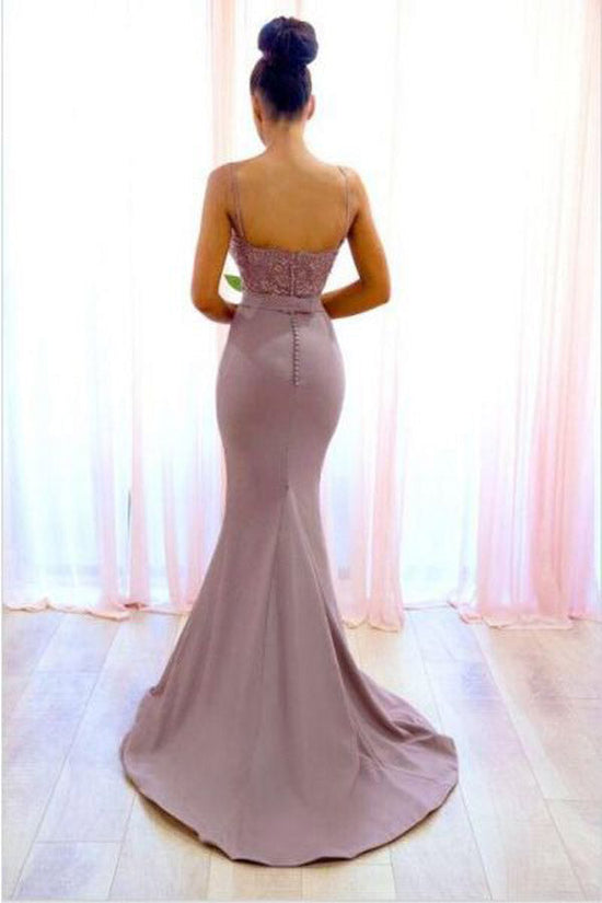 Mermaid Spaghetti Straps Satin Long Prom Dress Lace Top Evening Dress