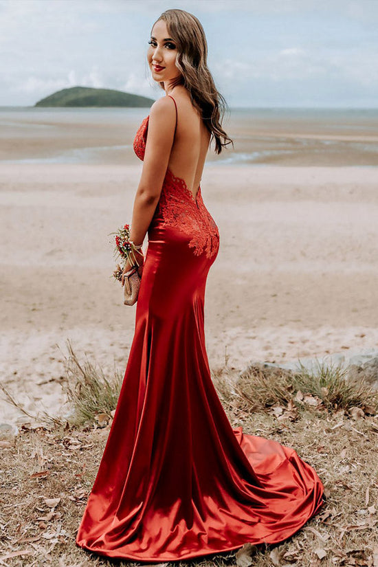 Mermaid Spaghetti Straps Satin Prom Dress LaceTop Evening Dress