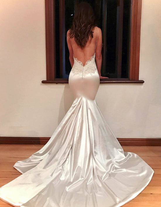 Mermaid Spaghetti Straps Satin Prom Dress LaceTop Evening Dress