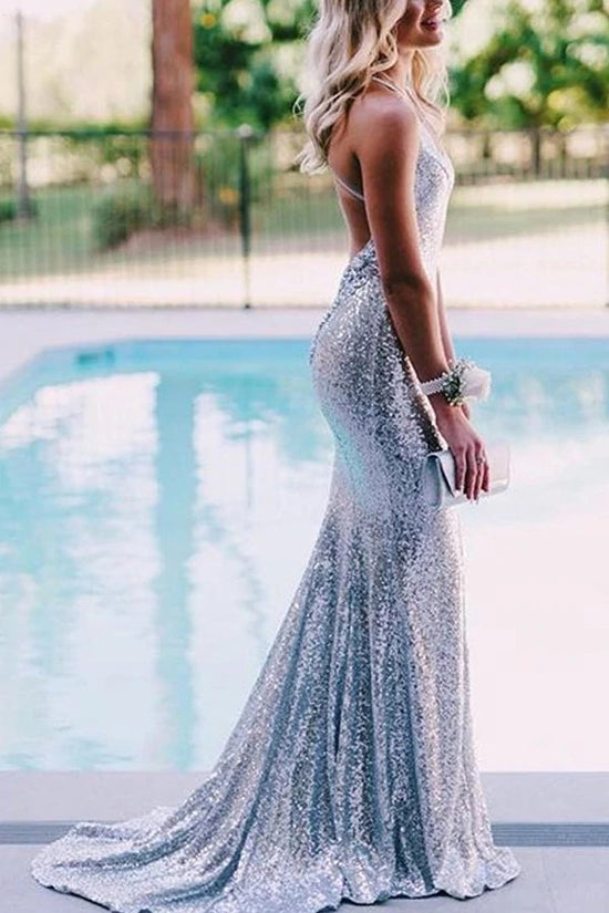 Load image into Gallery viewer, Mermaid Sparkly Sequins Long Prom Dress Backless Evening Dress

