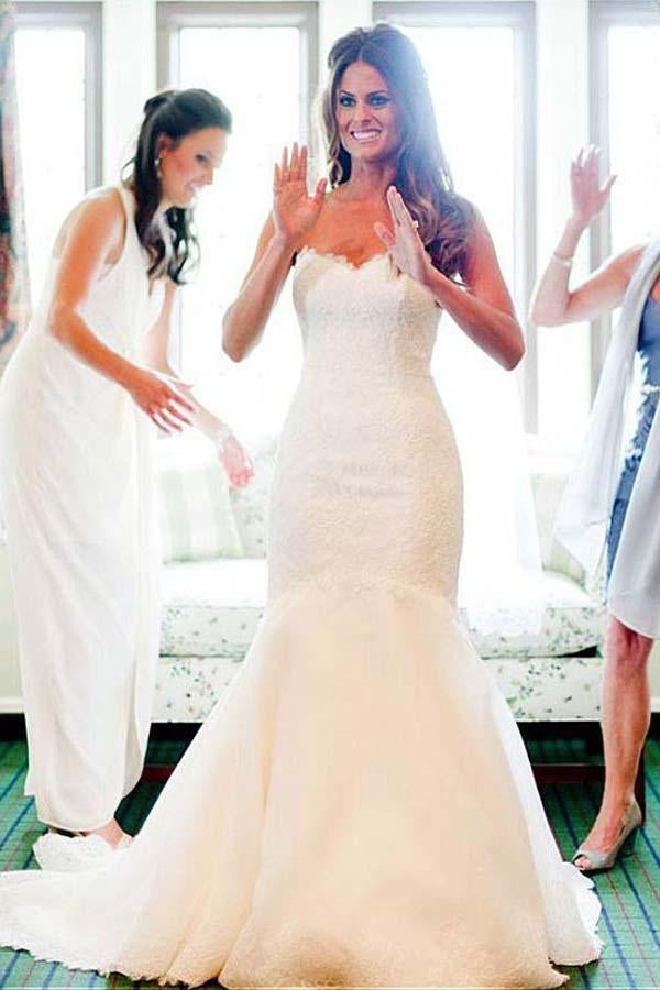 Mermaid Sweetheart Strapless White Lace Appliqued Wedding Dresses
