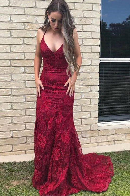 Spaghetti Straps Mermaid Lace Prom Dress Backless Evening Dress