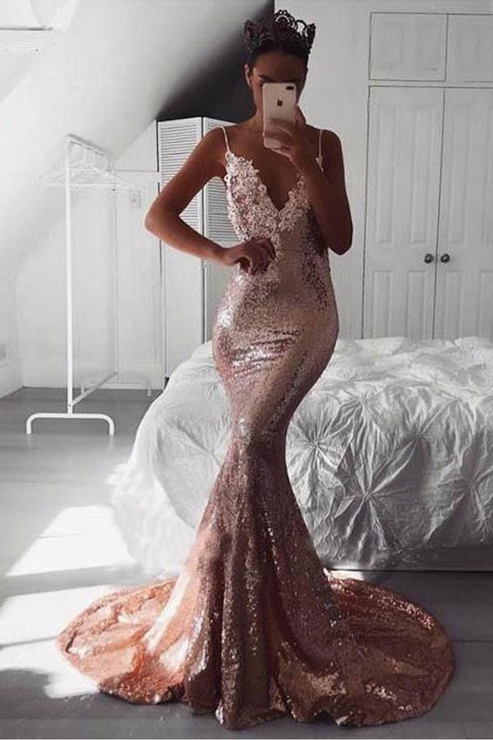 Mermaid V Neck Sequins Long Prom Dress With Lace Appliques