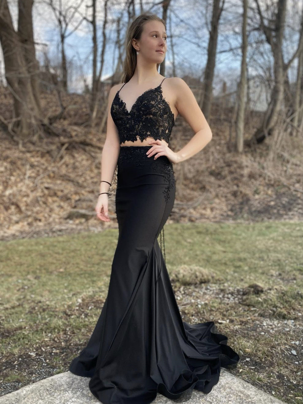 Mermaid V Neck Two Pieces Black Lace Long Prom Dresses, Mermaid Black Formal Dresses, 2 Pieces Black Evening Dresses