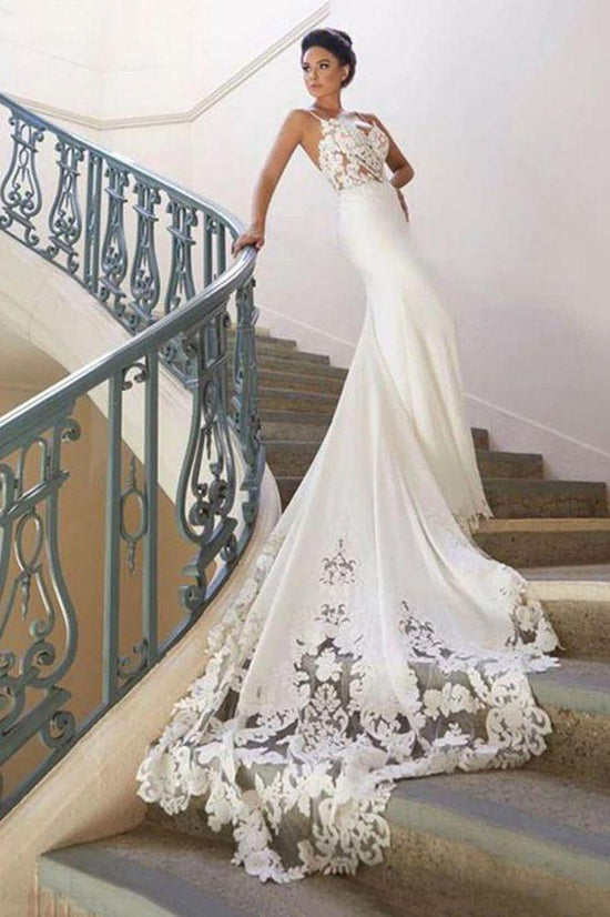 Mermaid V Neck White Lace Romantic Wedding Dress With Champel Train