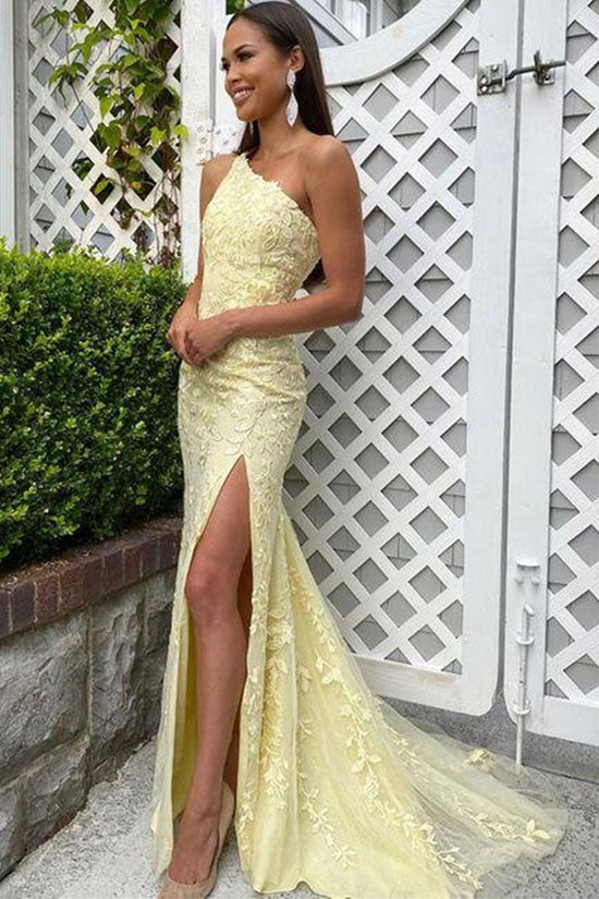 Mermaid Yellow Tulle Lace One Shoulder Long Prom Dresses With Slit