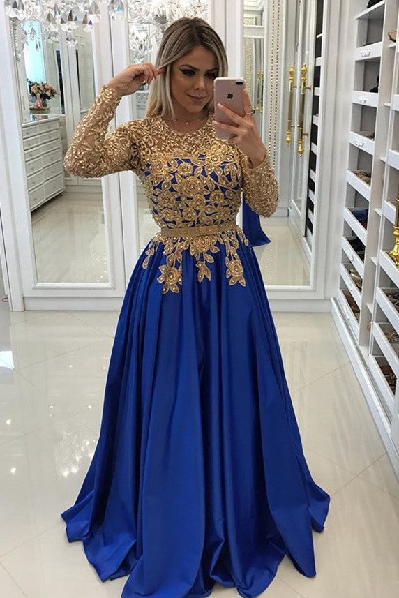 Modern Royal Blue & Gold Lace Evening Dress | Long Sleeve Party Gown BC0144