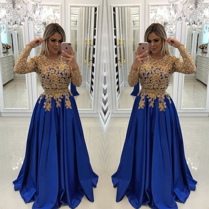 Modern Royal Blue & Gold Lace Evening Dress | Long Sleeve Party Gown BC0144