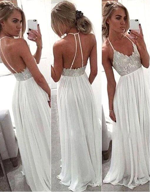 Modern White Halter Long Prom Dress Chiffon Beads