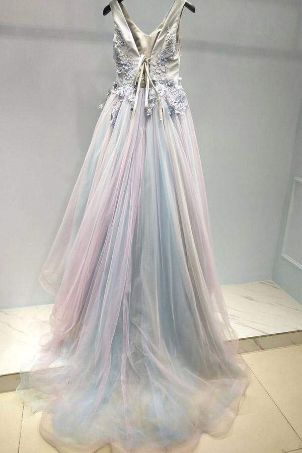 Modest Ombre Tulle Long Prom Dress With Lace Appliques