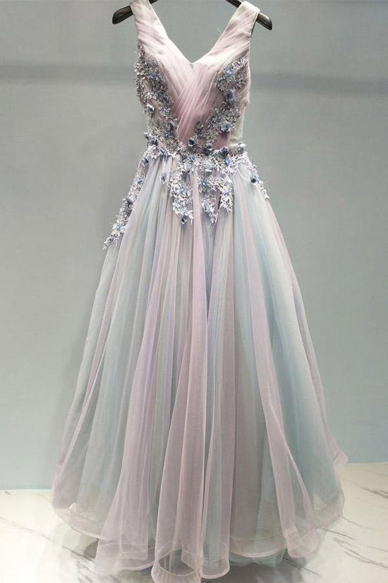 Modest Ombre Tulle Long Prom Dress With Lace Appliques