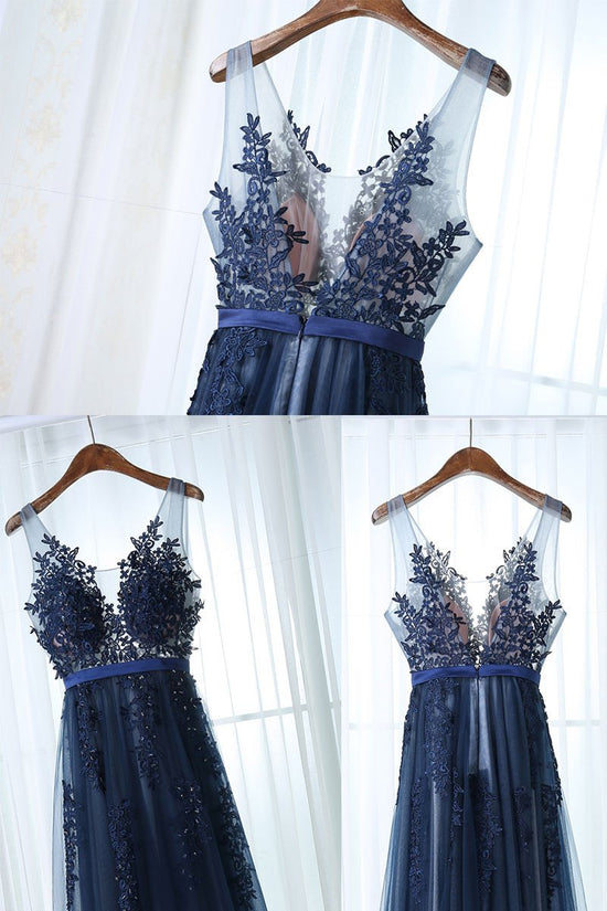 Navy Blue Tulle Sleeveless Lace Appliques Prom Dress