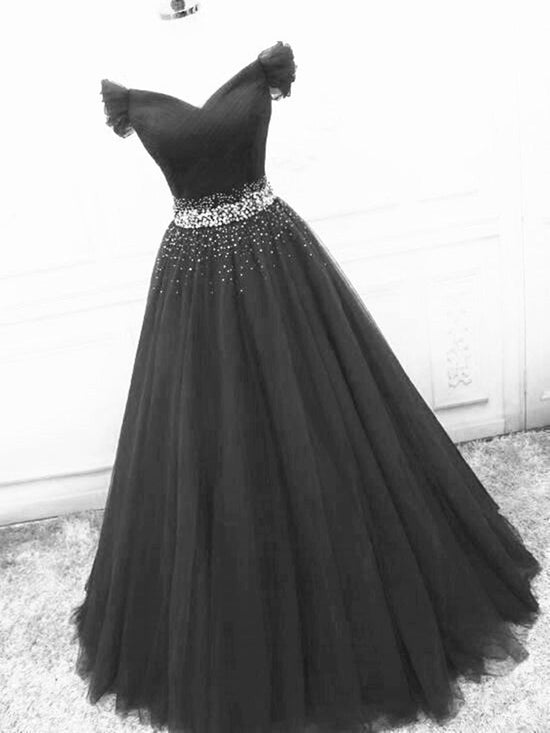 Off Shoulder Black Tulle Long Prom Dresses with Sequins, Off the Shoulder Black Formal Evening Dresses, Black Ball Gown 