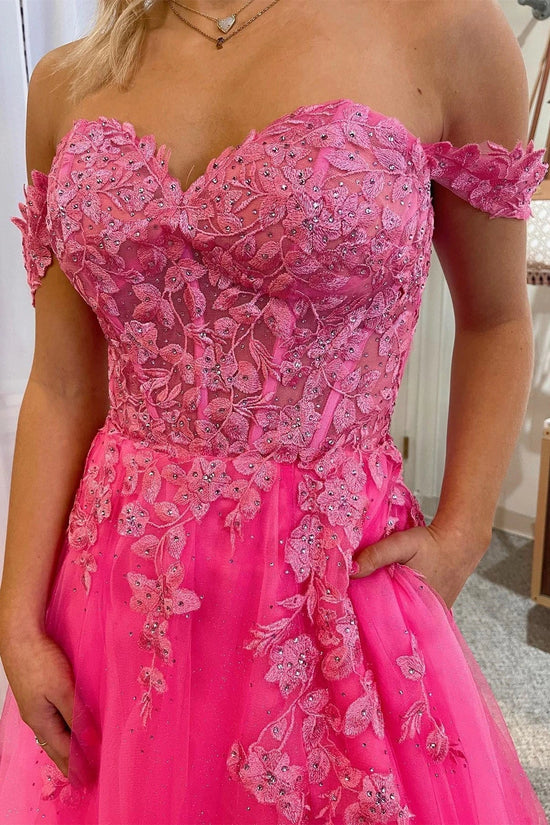 Off Shoulder Hot Pink Tulle Lace Long Prom Dresses with High Slit, Hot Pink Lace Formal Graduation Evening Dresses 
