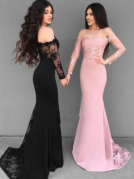 Load image into Gallery viewer, Off Shoulder Long Sleeves Mermaid Lace Black/Pink Prom Dresses, Lace Black Bridesmaid Dresses, Formal Dresses

