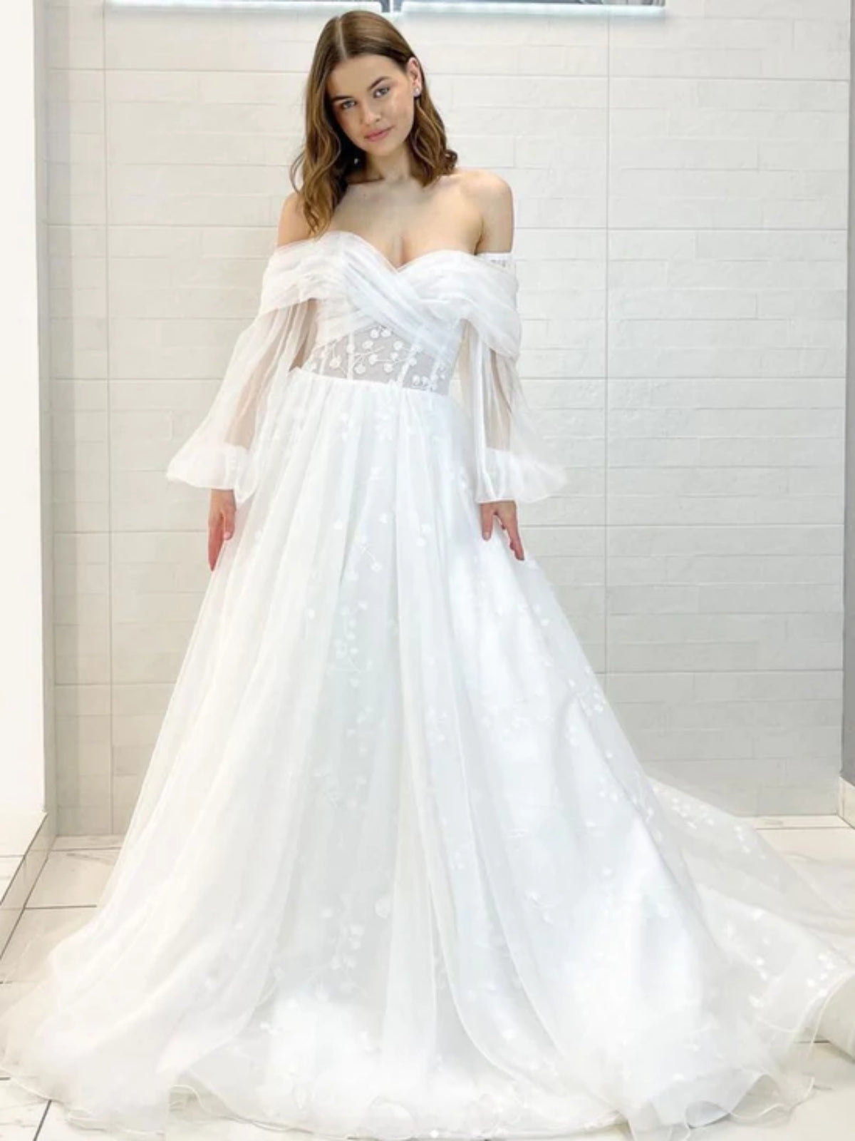 Off Shoulder Long Sleeves White Tulle Prom Dresses, Floral White Wedding Dresses, White Formal Evening Dresses 