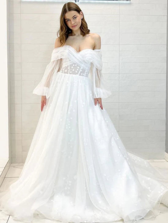 Off Shoulder Long Sleeves White Tulle Prom Dresses, Floral White Wedding Dresses, White Formal Evening Dresses 
