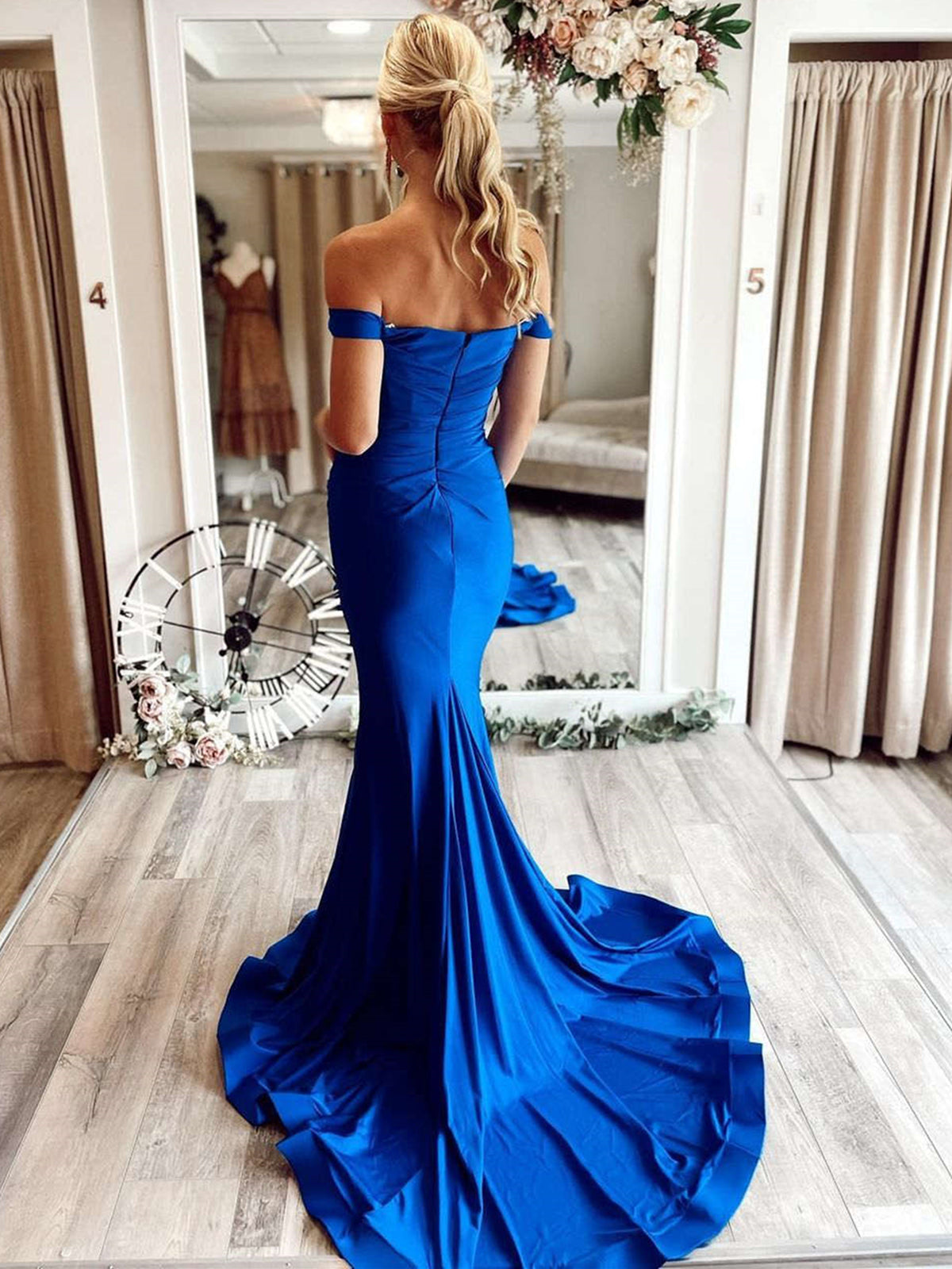 Off Shoulder Mermaid Blue Long Prom Dresses, Mermaid Blue Formal Dresses, Blue Evening Dresses 